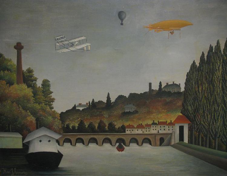 Henri Rousseau View of the Pont Sevres and the Hills of Clamart, Saint-Cloud, and Bellevue with Biplane, Ballon and Dirigible By Henri Rousseau France oil painting art